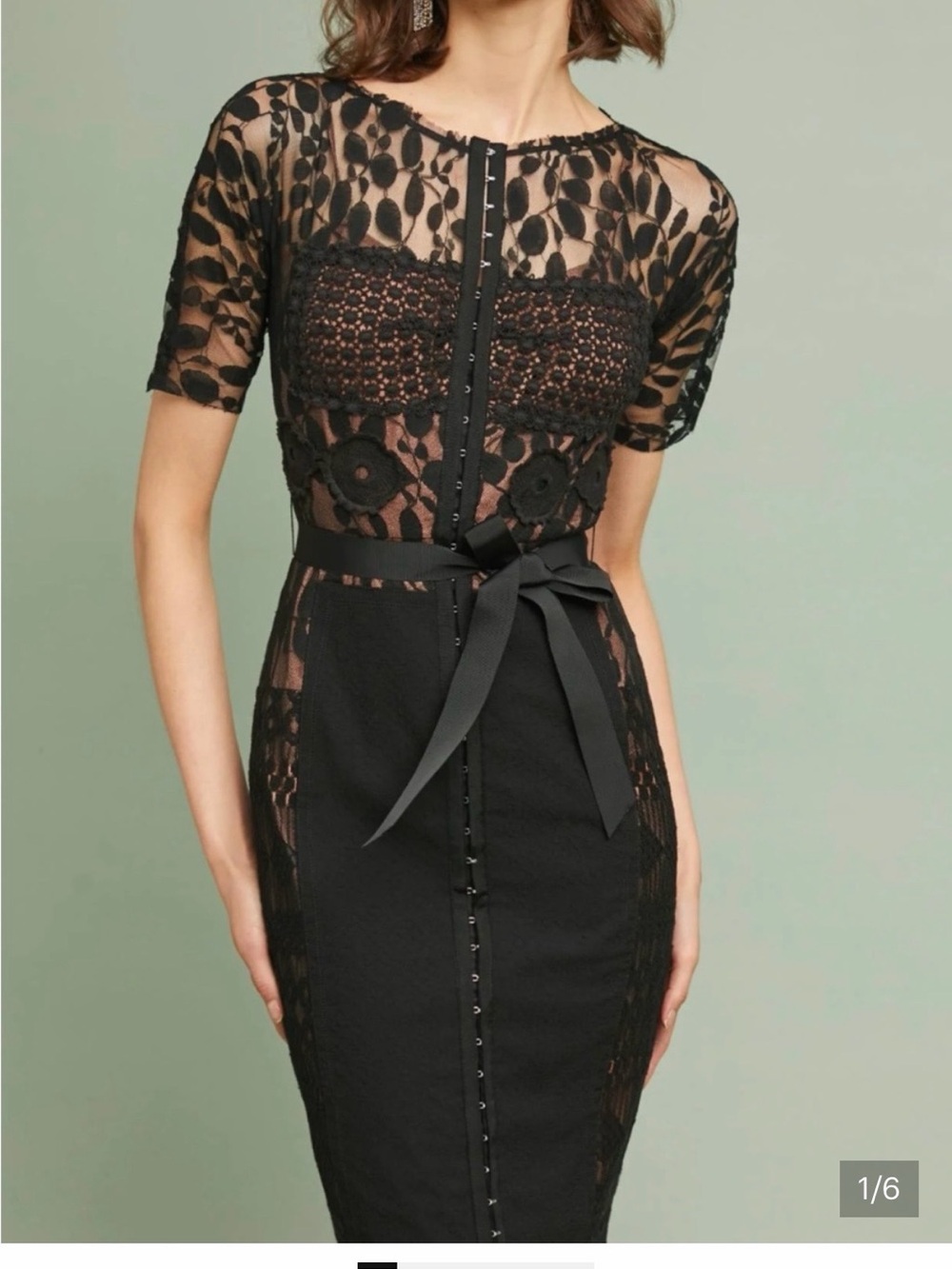 Byron Lars Black Lace Midi Dress with Ribbon Waist